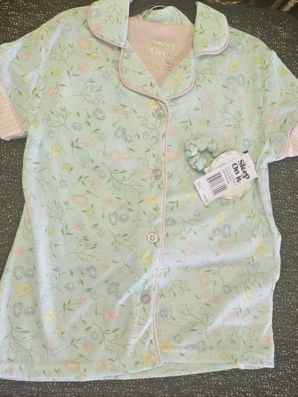 100% POLYESTER - Mint Floral Pajama Set w Hair Tye